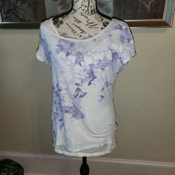 The Limited Tops - The Limited White and Purple Floral Short Sleeve Top